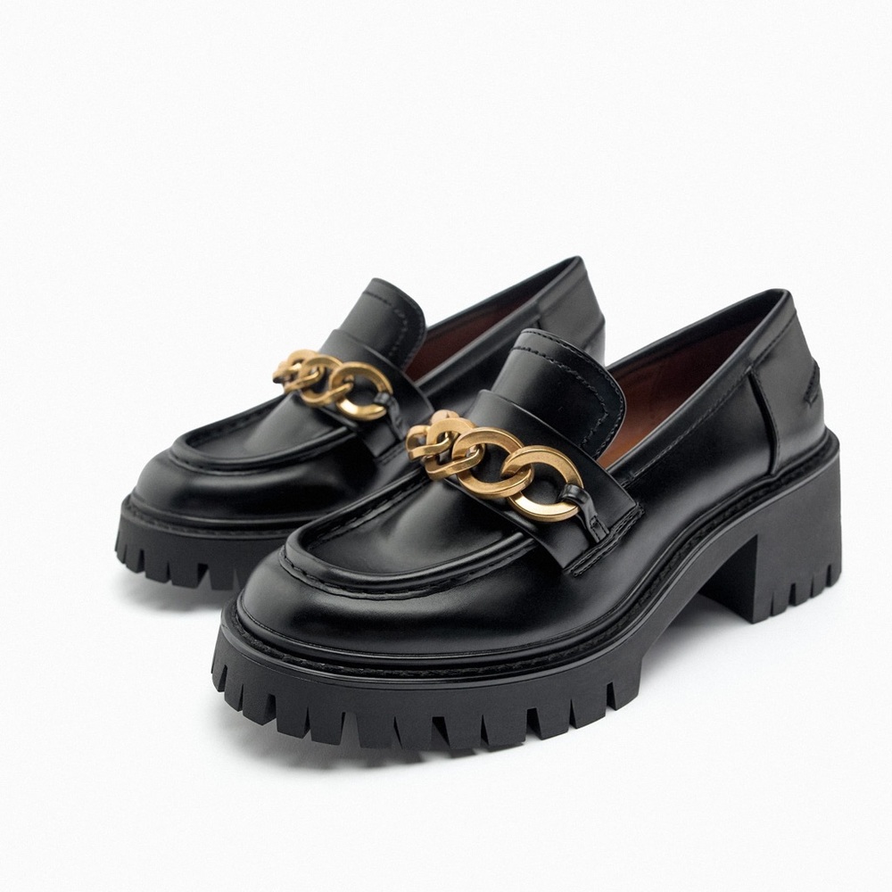 Chain trim heeled lug sole loafers zara loafers
